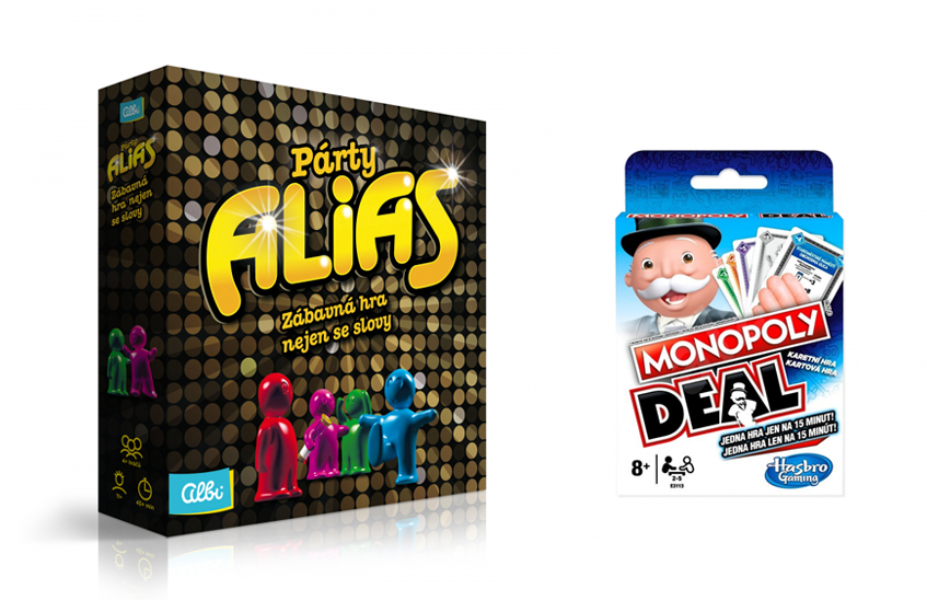 Monopoly Deal, Albi, orientační cena 199 Kč; Párty ALIAS, Albi, orientační cena 699 Kč