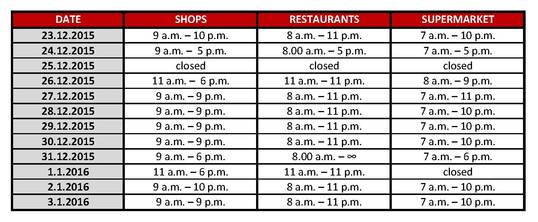 Christmas opening hours of PALLADIUM