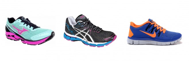 příklady dámských bot - silniční Mizuno, trailová Asics, minimalistická Nike