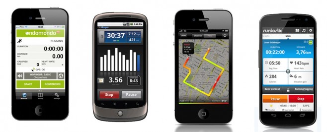 aplikace zleva doprava: endomondo, runkeeper, nike+, runtastic